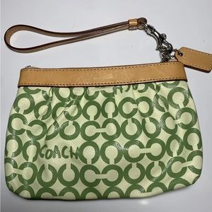 Coach Optic Signature Print Wristlet Bag Leather Trim Coated Canvas Green